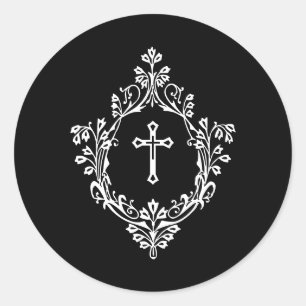 Religious Black and White Cross in Crest Vintage  Classic Round Sticker