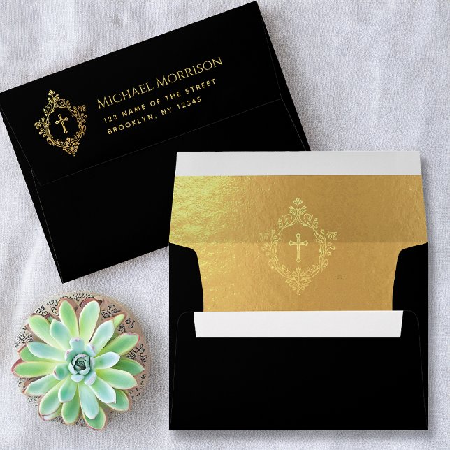 Religious Black Elegant Crest Cross Faux Gold Foil Envelope (Creator Uploaded)
