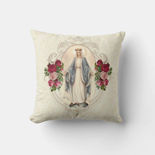 Religious Blessed Virgin Mary Catholic Roses Cushion (Front)