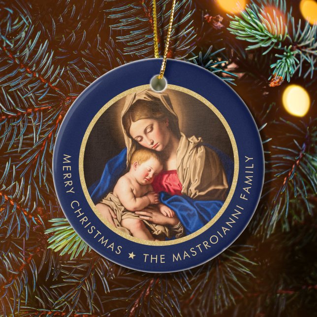 Religious Blue & Gold Madonna & Child Christmas Ceramic Tree Decoration (Midnight blue and gold religious Christmas ornament for Catholics and Christians)