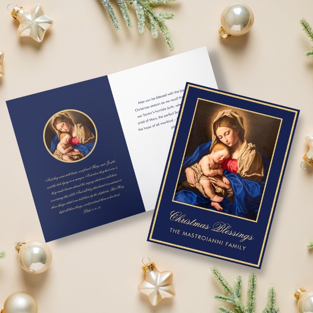 Religious Blue Gold Madonna & Child Christmas Holiday Card (Religious Christmas card for Catholics with Madonna and Child in midnight blue and gold)