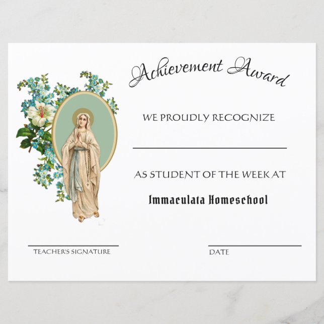Religious Catholic Achievement School Certificate (Front)