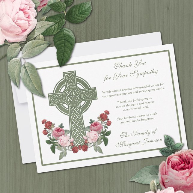 Religious Catholic Celtic Cross Roses Condolence  Thank You Card (Celtic Irish Cross with roses funeral condolence thank you card)