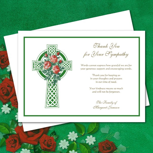Religious Catholic Celtic Cross Roses Condolence Thank You Card (Creator Uploaded)