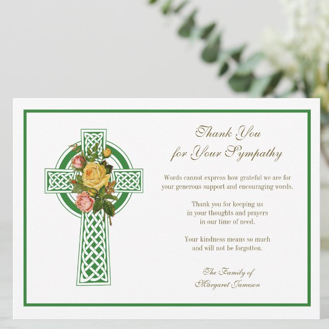 Religious Catholic Celtic Cross Roses Condolence Thank You Card (Creator Uploaded)