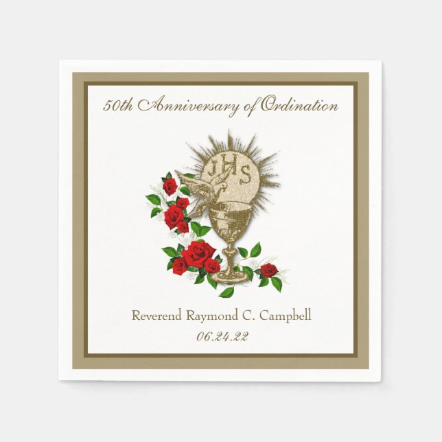 Religious Catholic Priest Anniversary Red Roses  N Napkin (Front)