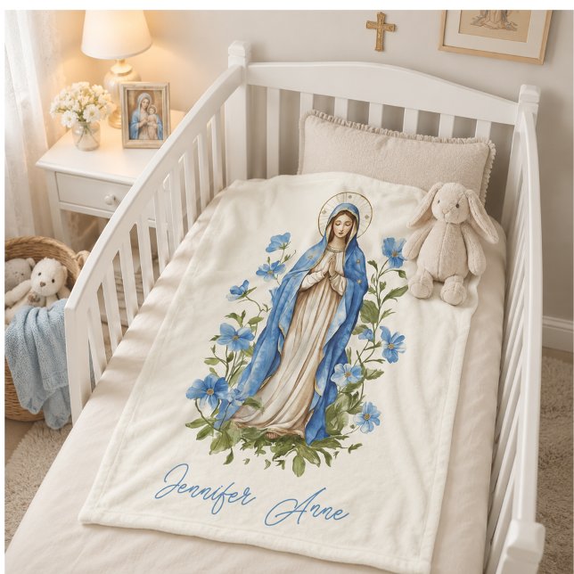 Religious Catholic Virgin Mary Blue Floral Fleece Blanket (Creator Uploaded)