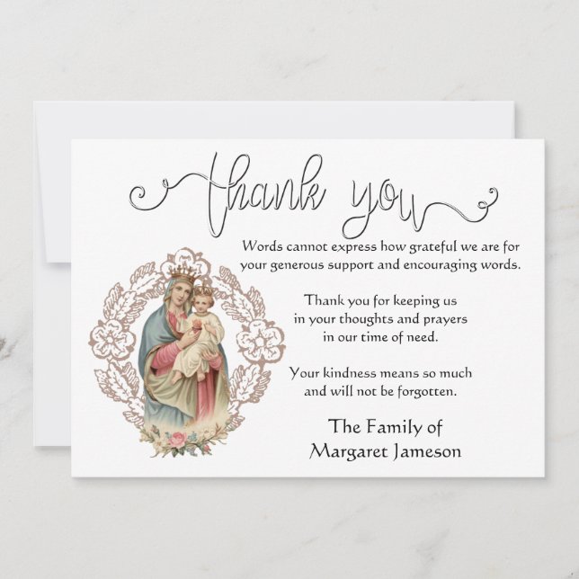 Religious Catholic Virgin Mary Condolence Thank You Card (Front)