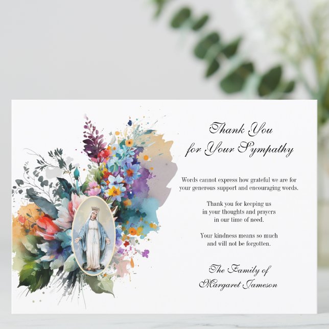 Religious Catholic Virgin Mary Condolence Thank You Card (Traditional Catholic Funeral Memorial Thank You Card)