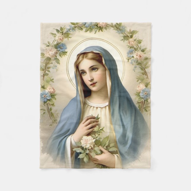 Religious Catholic Virgin Mary Floral Fleece Blanket (Front)