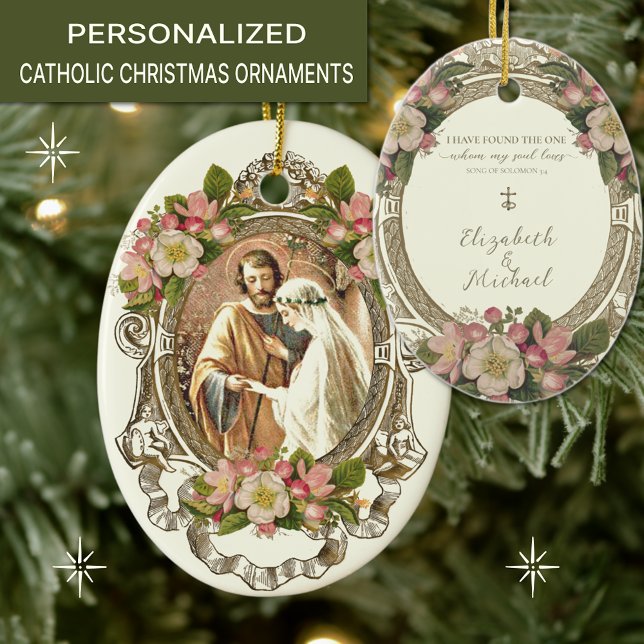 Religious Catholic Wedding Scripture Floral  Ceramic Tree Decoration (TRADITIONAL CATHOLIC CHRISTMAS WEDDING ORNAMENT WITH SCRIPTURE VERSE AND BETROTHAL OF MARY & JOSEPH.)