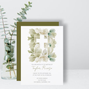 Religious Christian Cross Green Foliage Baptism Invitation