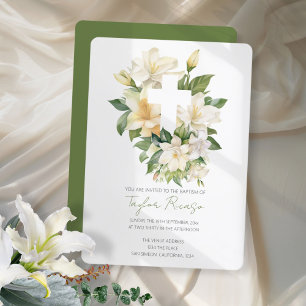 Religious Christian Cross Lily Foliage Baptism Invitation