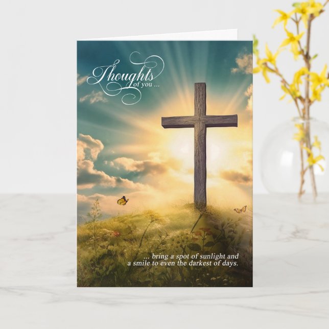Religious Christian Cross on Hill Thinking of You Card (Yellow Flower)