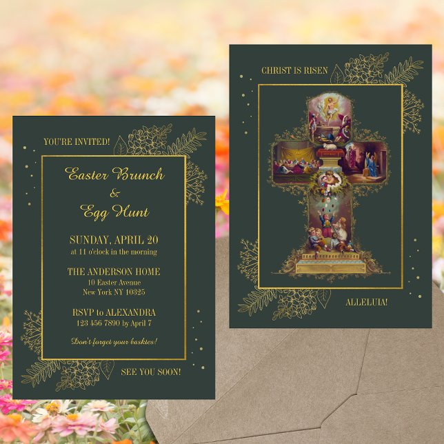 Religious Christian Floral Easter Brunch Egg Hunt Invitation (Green Religious Christian Catholic Floral Easter Cross Christ is risen Brunch Egg Hunt Invitation)