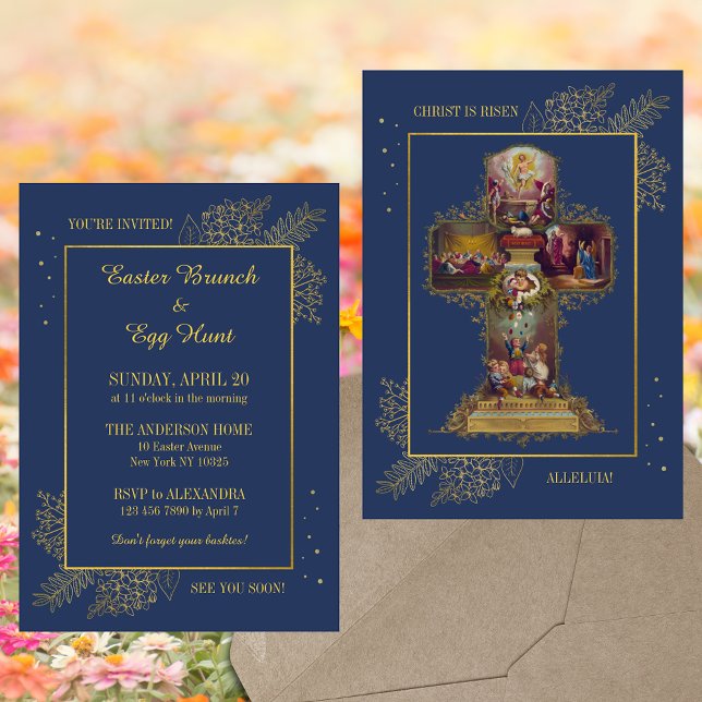 Religious Christian Floral Easter Brunch Egg Hunt Invitation (Blue Religious Christian Catholic Floral Easter Cross Christ is risen Brunch Egg Hunt Invitation)