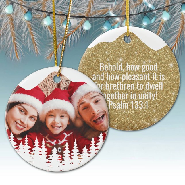 Religious Christian Scripture Divine Passage ⛪️ 🎄 Ceramic Tree Decoration (Custom image God Gospel Psalm 133:1 Religious Holiday Ceramic Devotional Ornament golden sparkle 🌲✞)