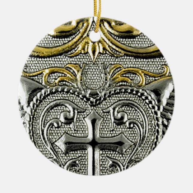 religious Christianity metallic silver cross Ceramic Tree Decoration (Front)