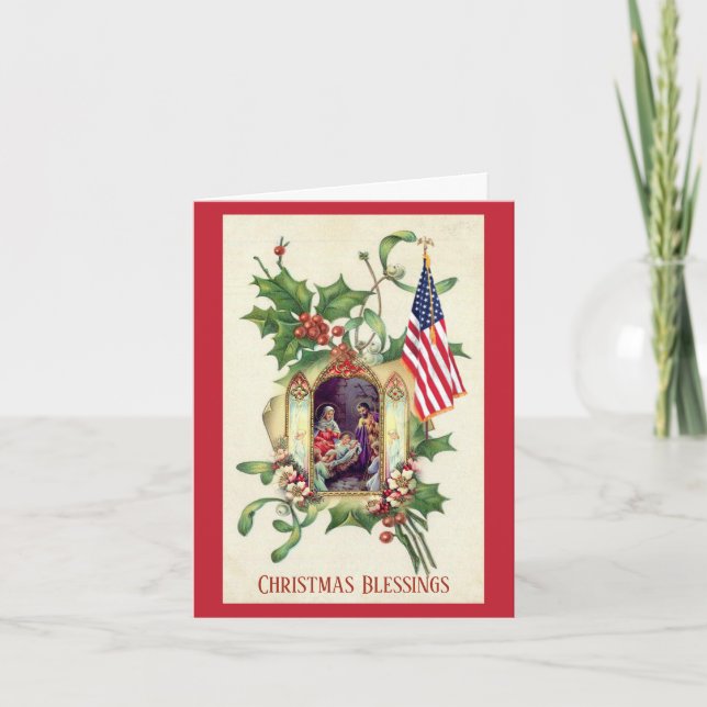 Religious Christmas American Flag Vintage Holiday Card (Front)