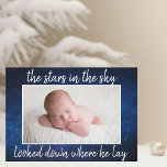 Religious Christmas Baby Photo Birth Announcement<br><div class="desc">The stars in the sky looked down where he lay. A beautiful religious Christmas birth announcement featuring your pretty newborn photo beneath the lovely Christmas song lyrics to Away in a Manger. Announce your baby boy details on the back along with your holiday message. The front of this Christian card...</div>