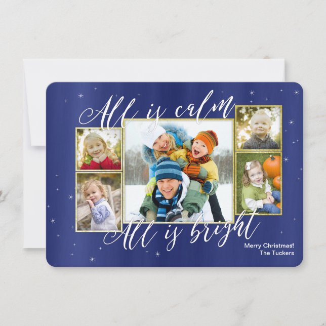 Religious Christmas Collage Photo Card, Blue Gold Holiday Card (Front)