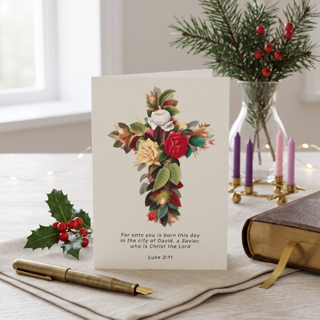 Religious Christmas Cross and Scripture Holiday Card (Religious Christmas Cross and Scripture Holiday Card by Ricaso. Christian themed greetings card)