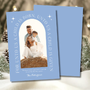 Religious Christmas Family Photo Minimalist Blue Holiday Card
