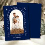 Religious Christmas Family Photo Minimalist Blue Holiday Card<br><div class="desc">Religious Christmas Family Photo Minimalist Blue Holiday Card Christmas Card features your favourite photo with the simple modern typography "For unto us a child is born, unto us a child is given" in white calligraphy script and personalised with your custom text and family name below. Perfect for family and friends...</div>