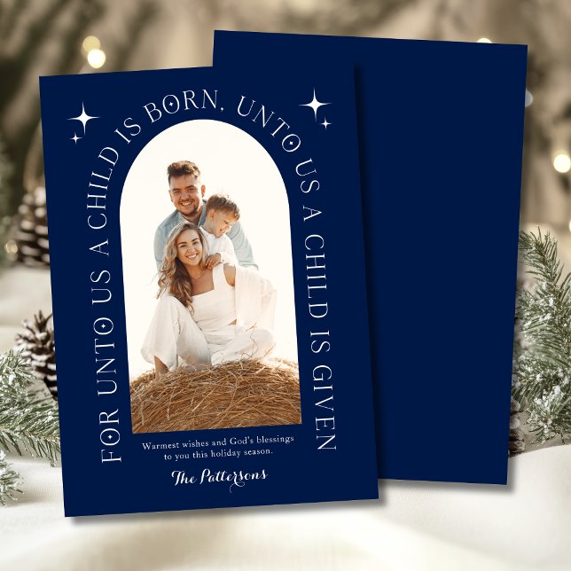 Religious Christmas Family Photo Minimalist Blue Holiday Card (Creator Uploaded)