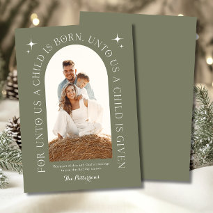 Religious Christmas Family Photo Minimalist Green Holiday Card