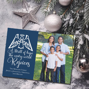 Religious Christmas Family Photo Rejoice Navy Blue Holiday Card