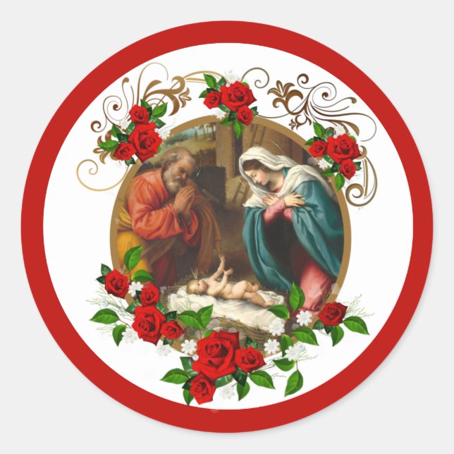 Religious Christmas Jesus Mary Joseph Red Roses Classic Round Sticker (Front)