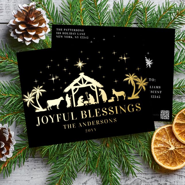 Religious Christmas Joyous Blessings Manger Holy Foil Holiday Postcard (Creator Uploaded)