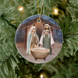 Religious Christmas Nativity Scene and Scripture Ceramic Tree Decoration