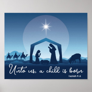 Religious Christmas Nativity Scene Blue Christian Poster