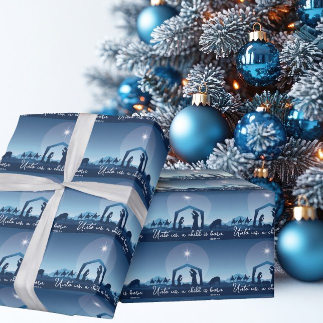 Religious Christmas Nativity Scene Blue Wrapping Paper (Creator Uploaded)