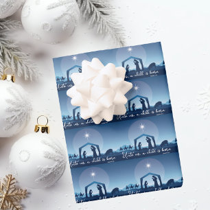 Religious Christmas Nativity Scene Blue Wrapping Paper Sheet