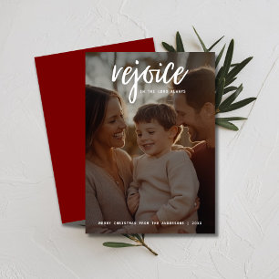 Religious Christmas Overlay Photo Rejoice Burgundy Holiday Card