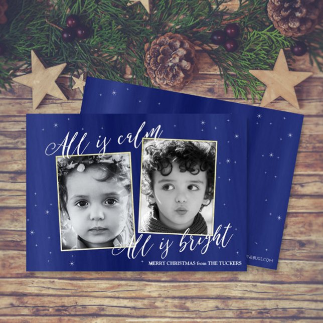 Religious Christmas Photo Card, Navy Blue Gold Holiday Card (Creator Uploaded)