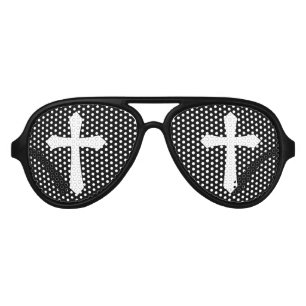 Religious Church Cross Black and White Aviator Sunglasses