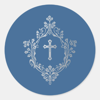 Religious Classic Blue Faux Silver Cross in Crest  Round Sticker