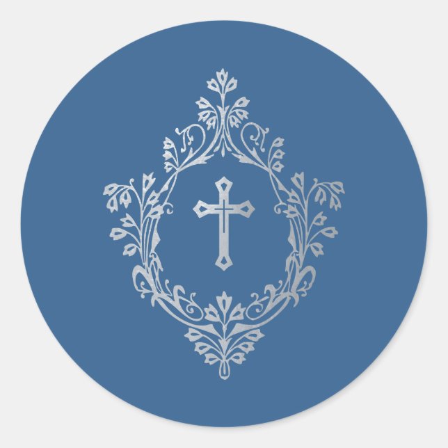 Religious Classic Blue Faux Silver Cross in Crest  Round Sticker (Front)