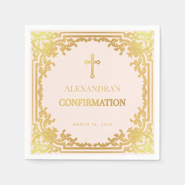  Religious Confirmation Girl Pink Faux Gold Cross Napkin (Front)