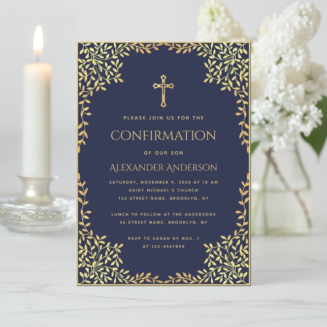 Religious Confirmation Navy Blue Gold Leaves Boy Invitation (Creator Uploaded)