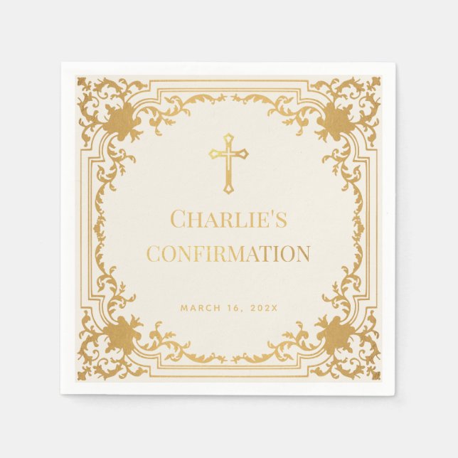Religious Confirmation Vintage Ivory & Gold Cross Napkin (Front)