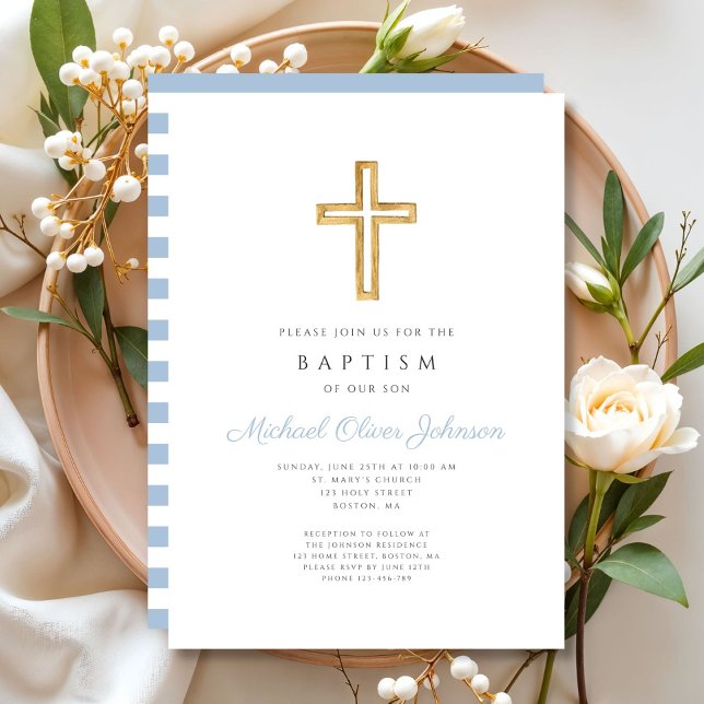 Religious Cross Baby Blue Script Boy Baptism Invitation (Religious Cross Baby Blue Script Boy Baptism Invitation)