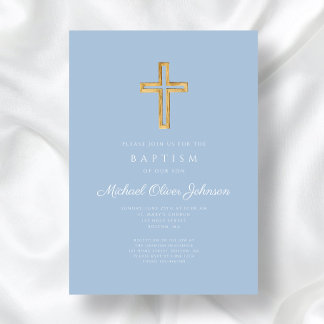 Religious Cross Baby Blue Script Boy Baptism Invitation