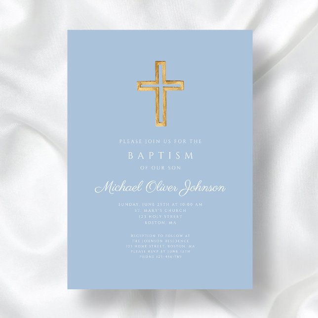Religious Cross Baby Blue Script Boy Baptism Invitation (Religious Cross Baby Blue Script Boy Baptism Invitation)