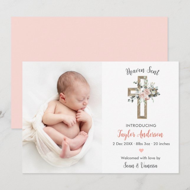 Religious Cross Birth Announcement Photo Card Pink (Front/Back)