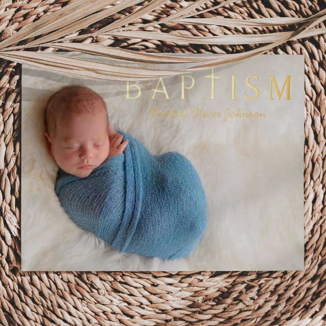 Religious Cross Blue 1 Photo Boy Baptism Gold (1 Photo Religious Cross Blue Boy Baptism Gold Foil Invitation)